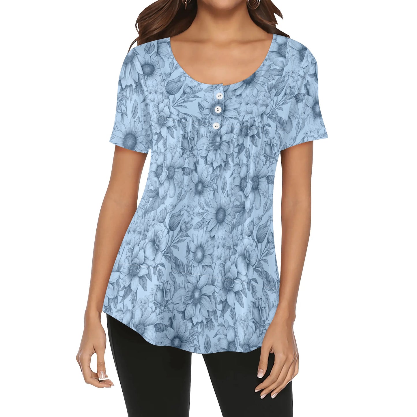 Sketched Floral - Womens Scoop Neck Short Sleeve Loose Blouse - Regular & Plus Sizes