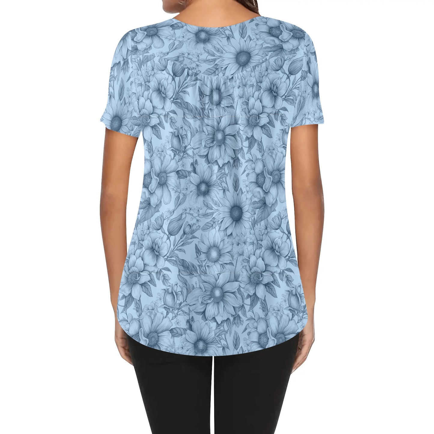 Sketched Floral - Womens Scoop Neck Short Sleeve Loose Blouse - Regular & Plus Sizes