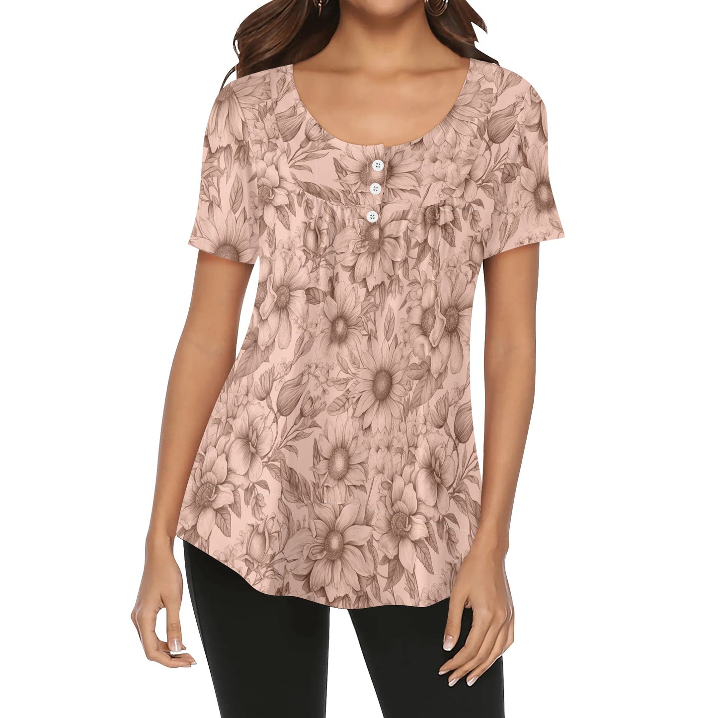 Sketched Floral - Womens Scoop Neck Short Sleeve Loose Blouse - Regular & Plus Sizes