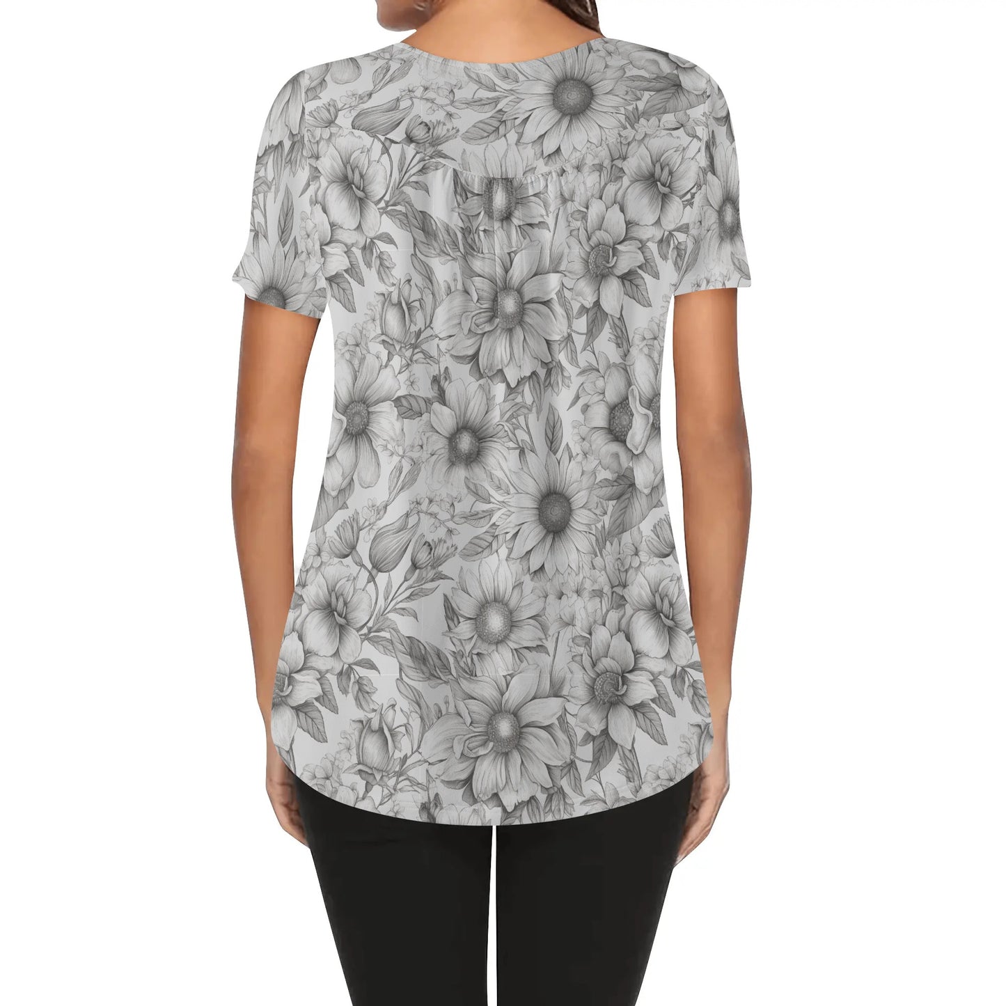 Sketched Floral - Womens Scoop Neck Short Sleeve Loose Blouse - Regular & Plus Sizes