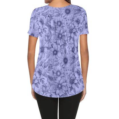 Sketched Floral - Womens Scoop Neck Short Sleeve Loose Blouse - Regular & Plus Sizes