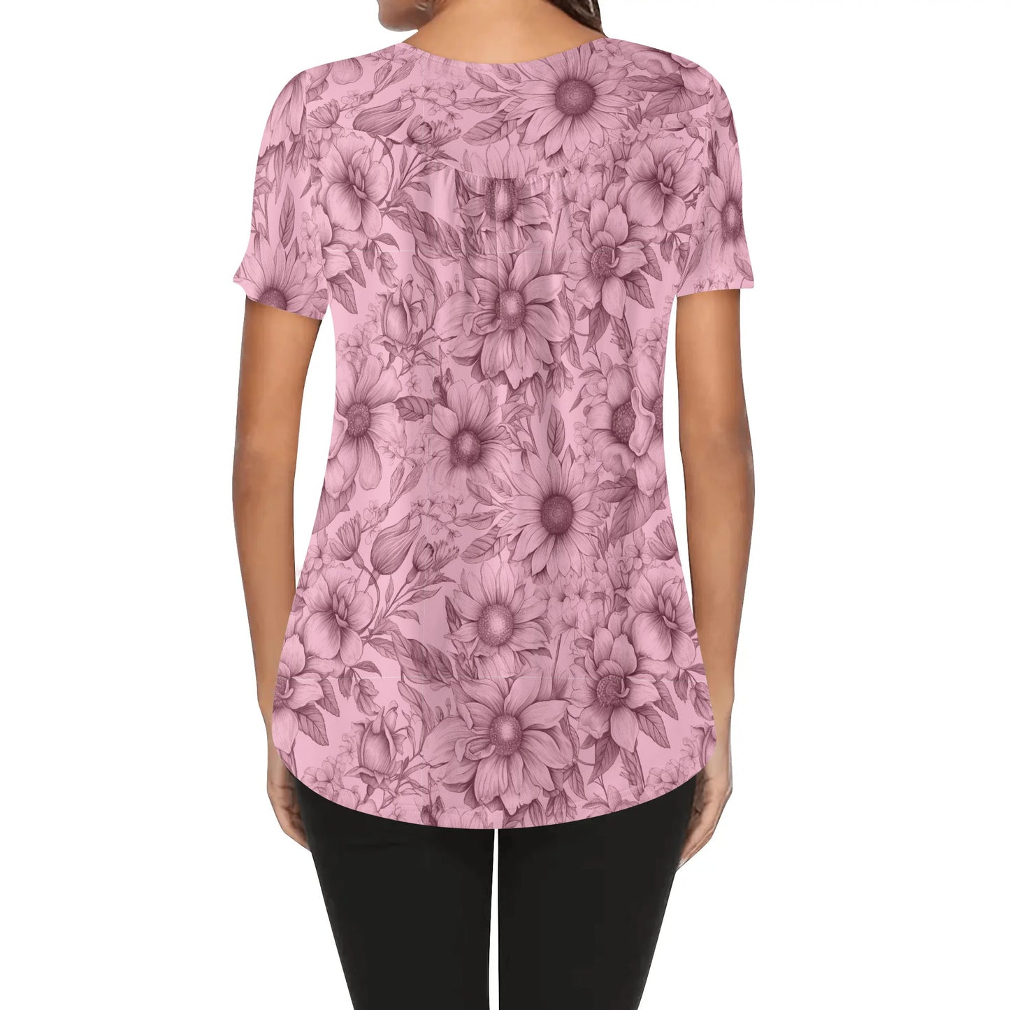 Sketched Floral - Womens Scoop Neck Short Sleeve Loose Blouse - Regular & Plus Sizes