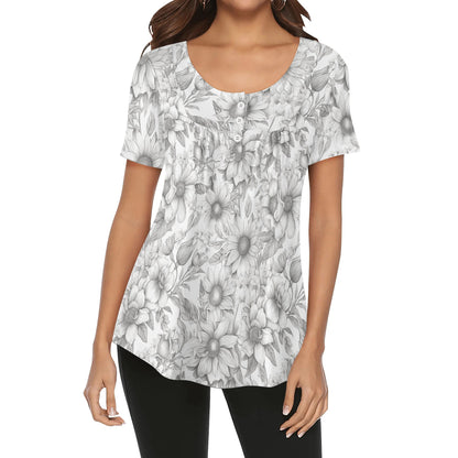 Sketched Floral - Womens Scoop Neck Short Sleeve Loose Blouse - Regular & Plus Sizes