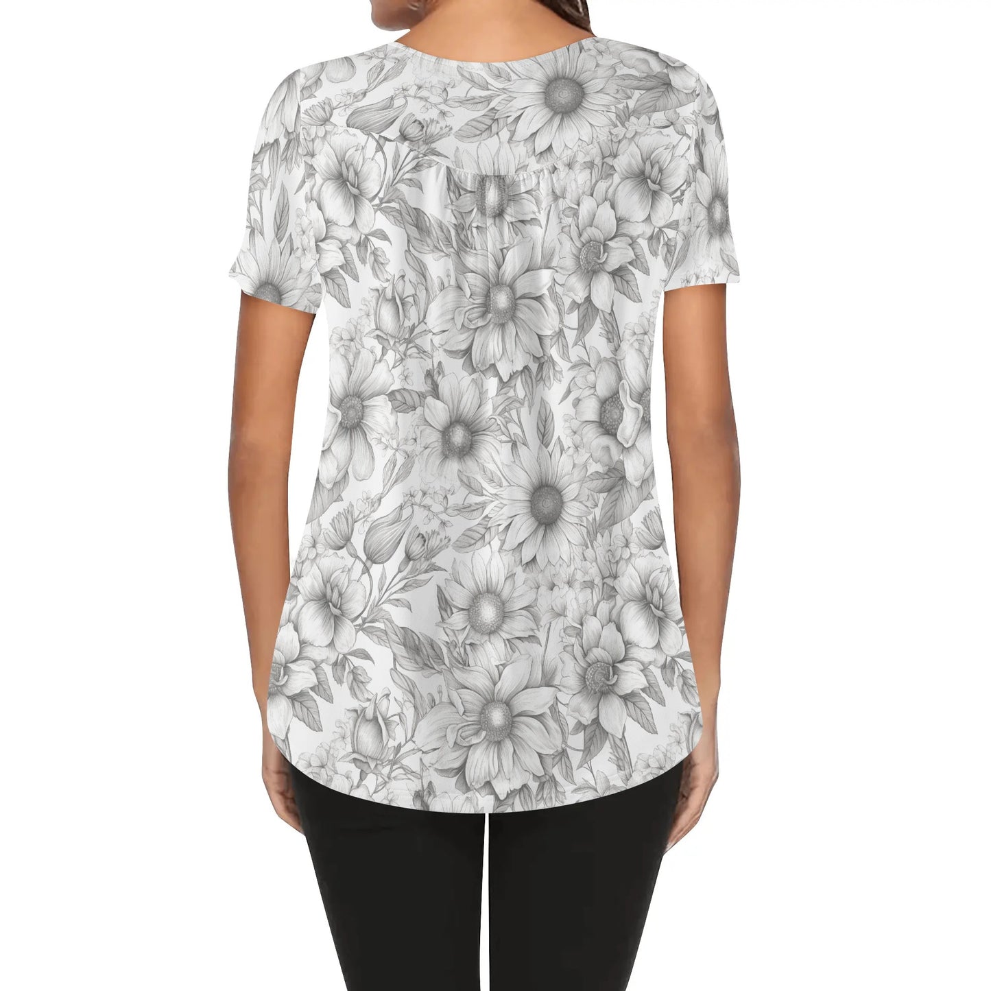 Sketched Floral - Womens Scoop Neck Short Sleeve Loose Blouse - Regular & Plus Sizes