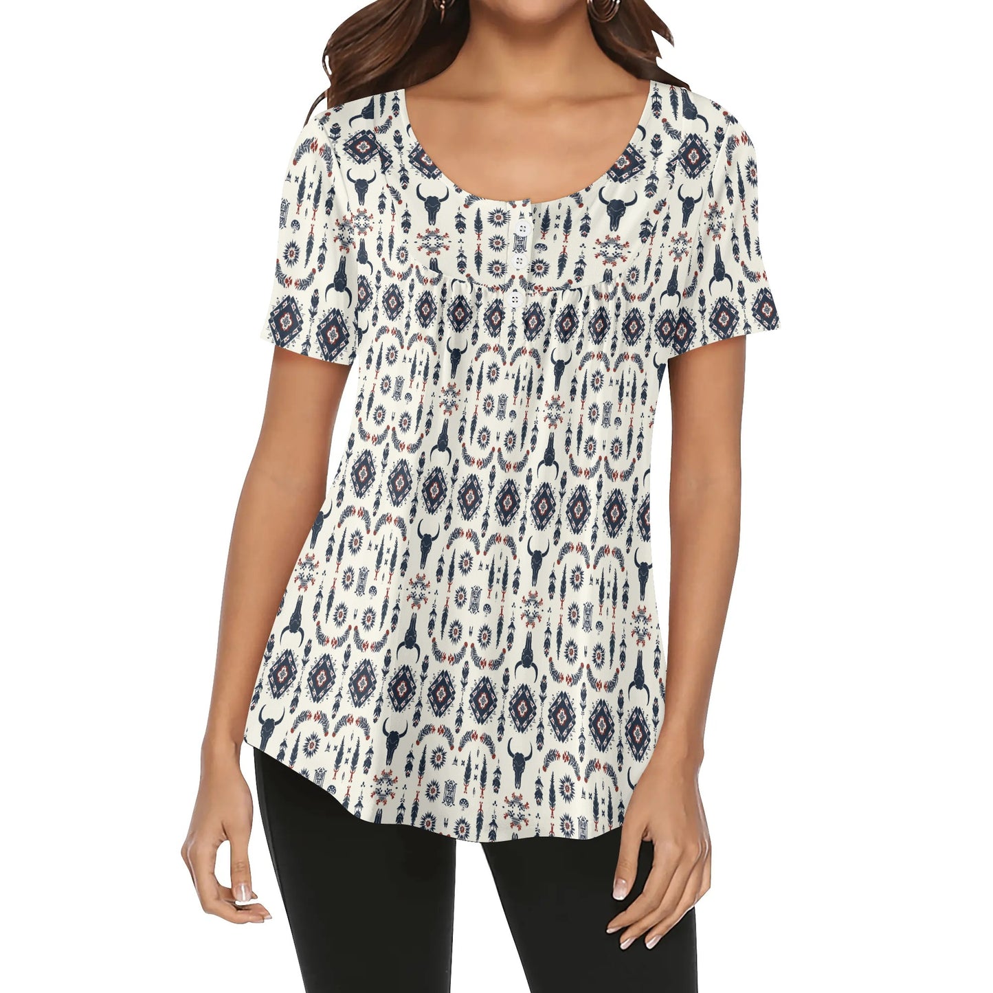 BOHO Neutral Patterns - Women's Scoop Neck Short Sleeve Loose Blouse