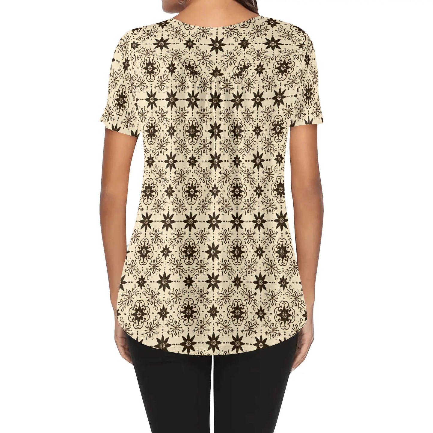 BOHO Neutral Patterns - Women's Scoop Neck Short Sleeve Loose Blouse