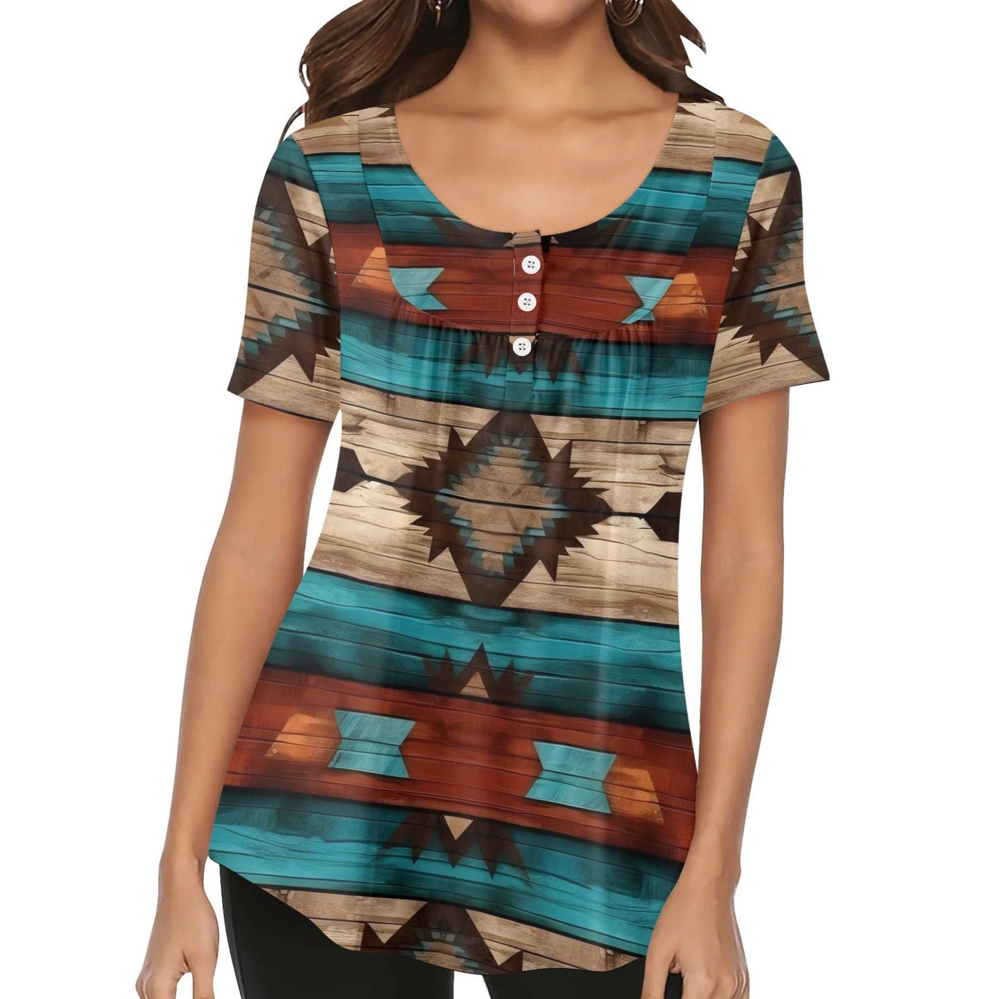 Western Prints - Women's Scoop Neck Short Sleeve Loose Blouse - Regular & Plus Sizes