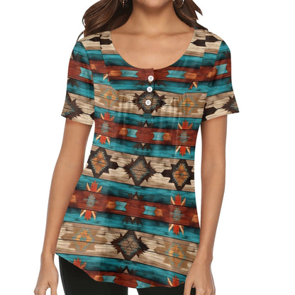 Western Prints - Women's Scoop Neck Short Sleeve Loose Blouse - Regular & Plus Sizes