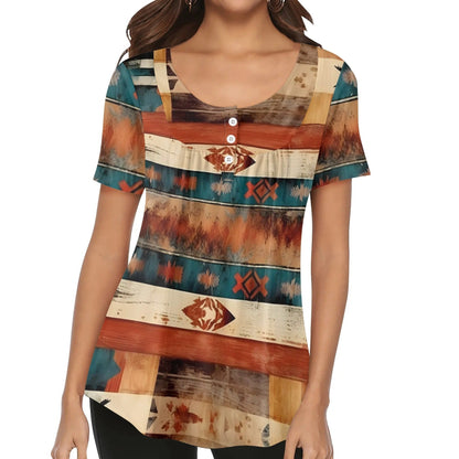 Western Prints - Women's Scoop Neck Short Sleeve Loose Blouse - Regular & Plus Sizes