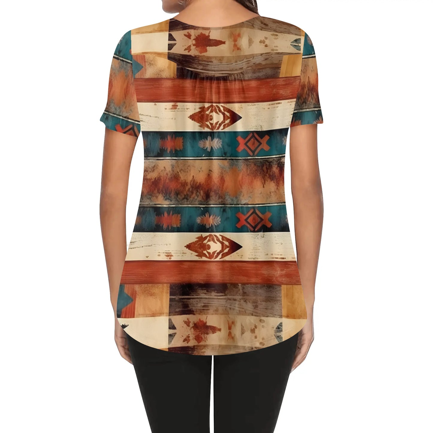 Western Prints - Women's Scoop Neck Short Sleeve Loose Blouse - Regular & Plus Sizes