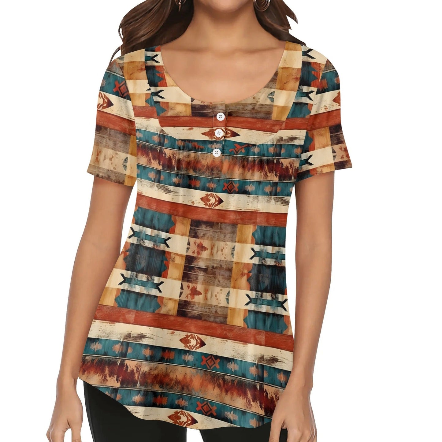 Western Prints - Women's Scoop Neck Short Sleeve Loose Blouse - Regular & Plus Sizes