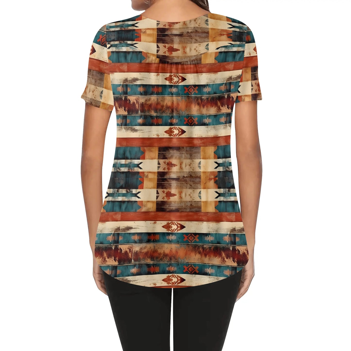 Western Prints - Women's Scoop Neck Short Sleeve Loose Blouse - Regular & Plus Sizes