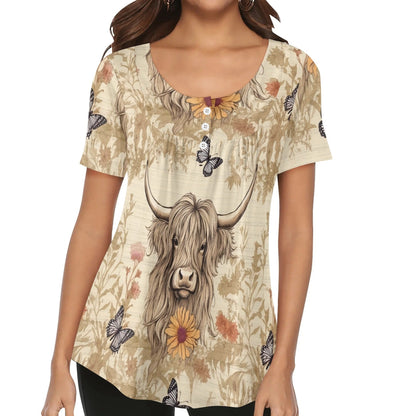 Western Prints - Women's Scoop Neck Short Sleeve Loose Blouse - Regular & Plus Sizes