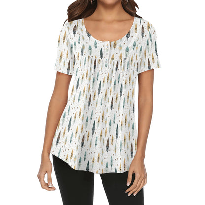 BOHO Neutral Patterns - Women's Scoop Neck Short Sleeve Loose Blouse