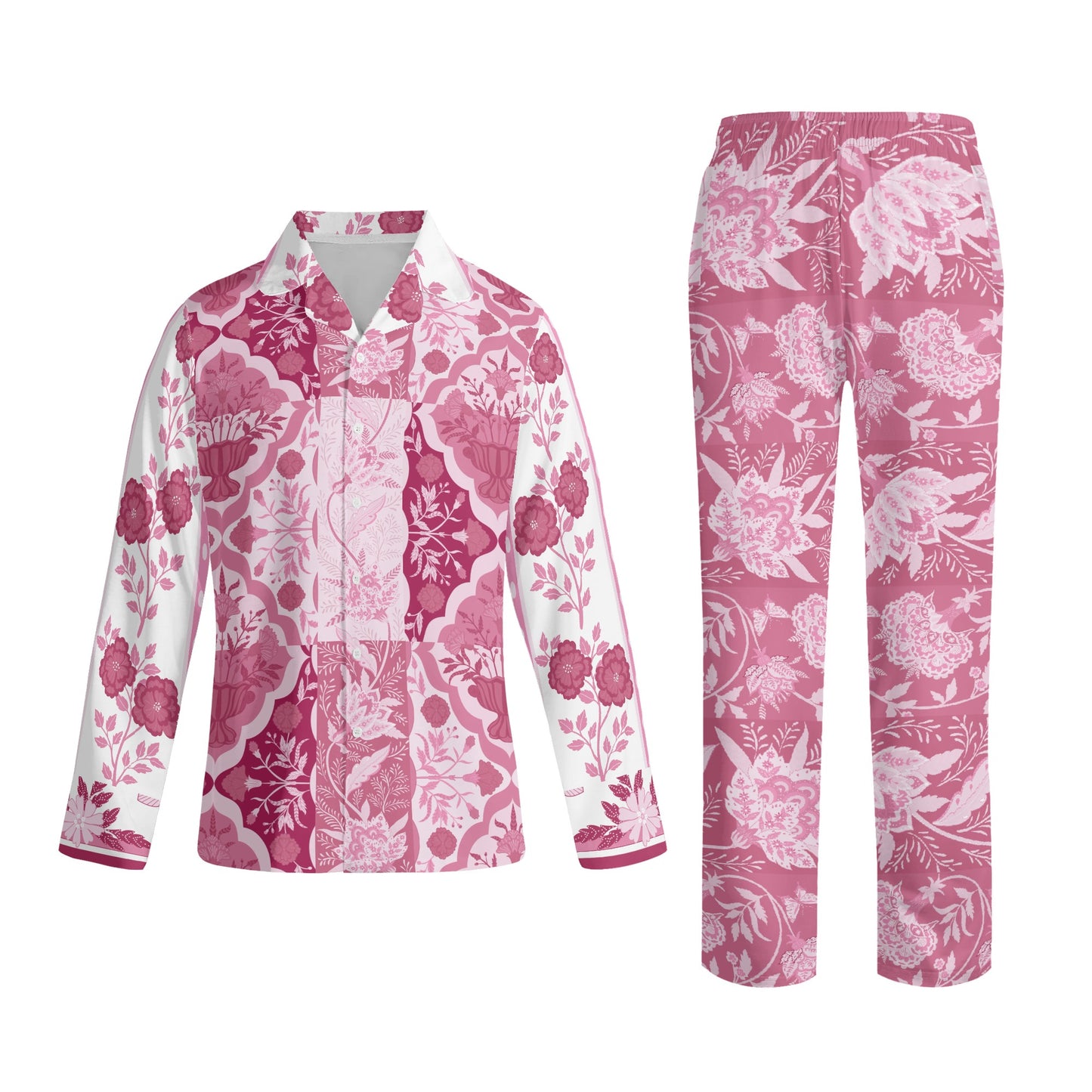 Pink Indian Floral Long-Sleeve Pajama Set - Colour Block