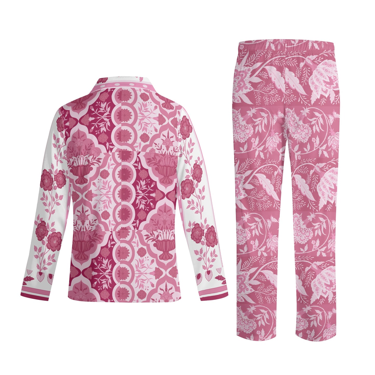 Pink Indian Floral Long-Sleeve Pajama Set - Colour Block