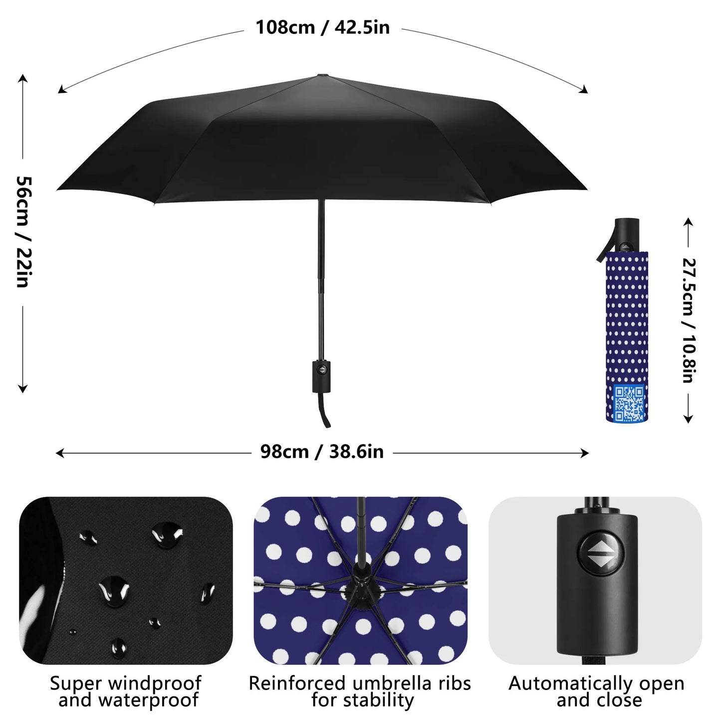 Dotted - Fully Auto Open & Close Umbrella Printing Inside - Many Colours to Choose From!