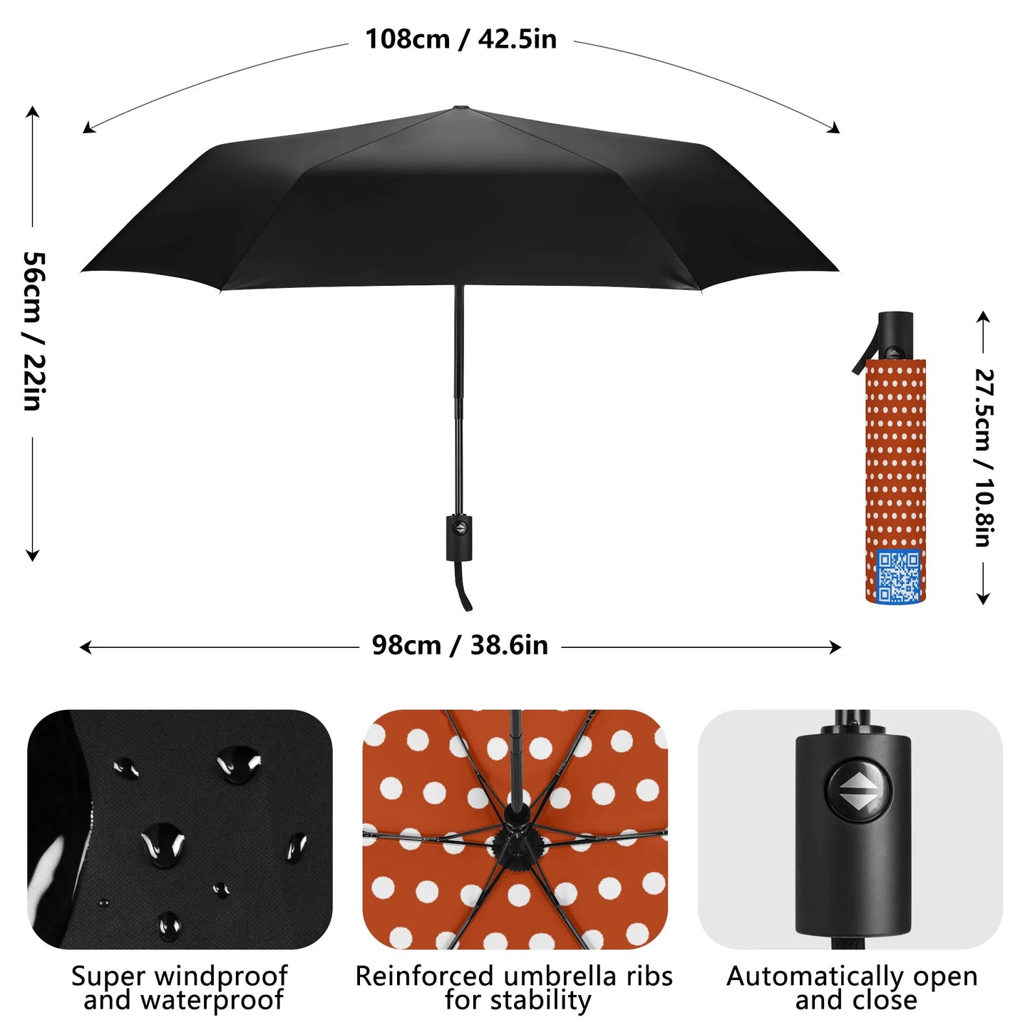 Dotted - Fully Auto Open & Close Umbrella Printing Inside - Many Colours to Choose From!