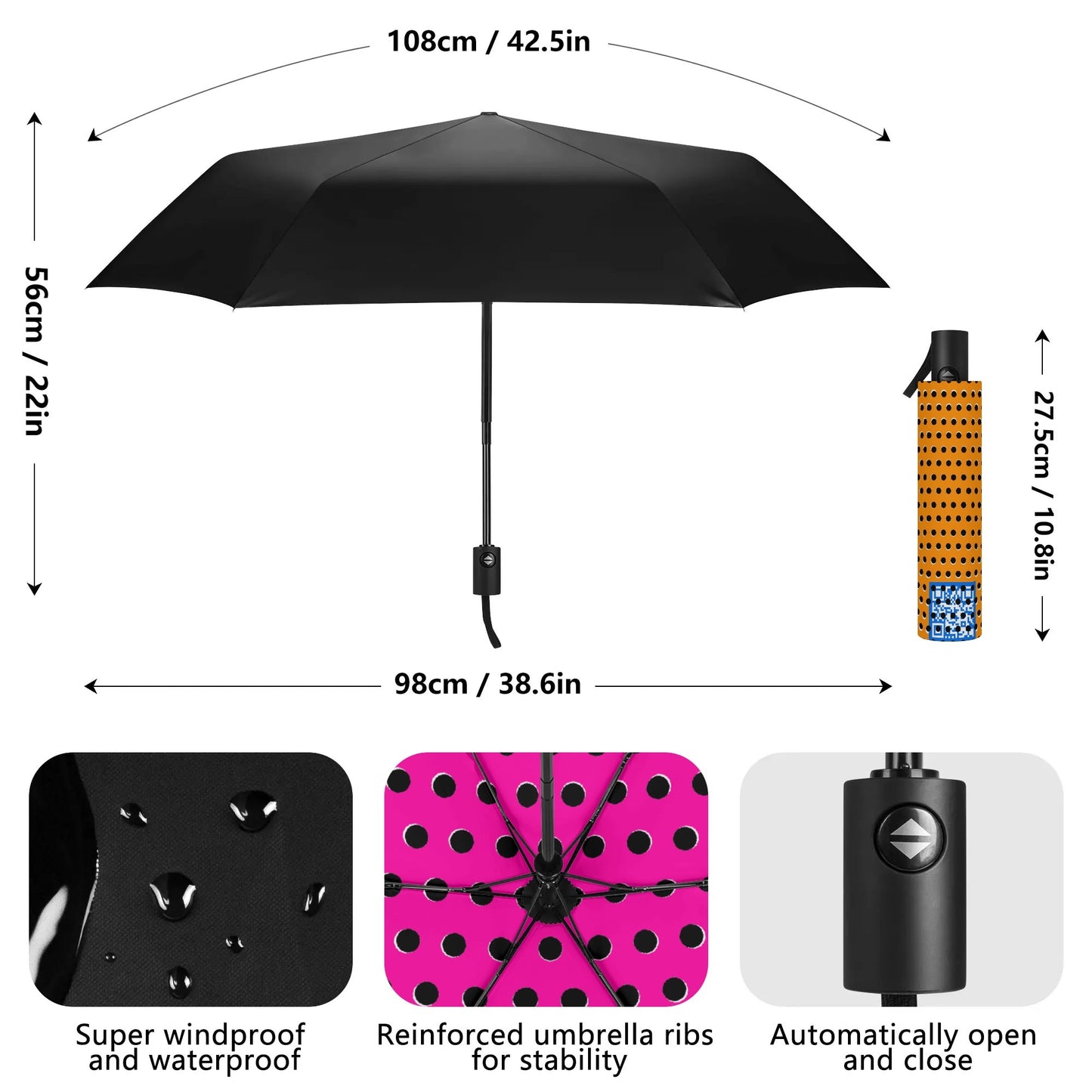 Dotted - Fully Auto Open & Close Umbrella Printing Inside - Many Colours to Choose From!