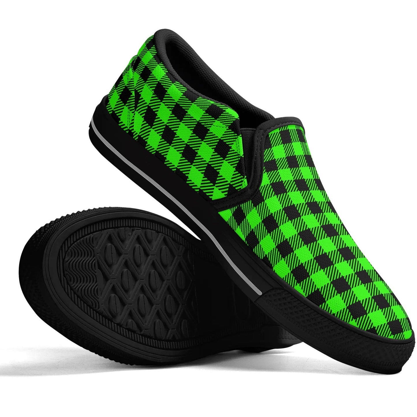 Men's Green Buffalo Plaid Rubber Soled Loafers - Slip On Shoes