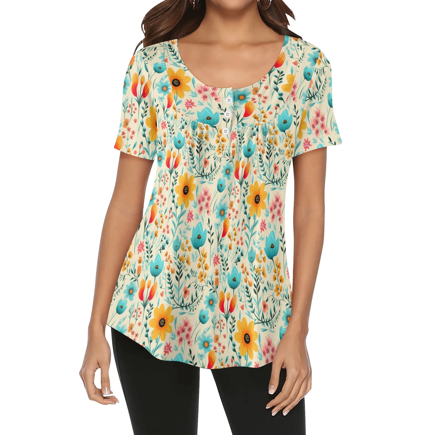 More Florals - Womens Scoop Neck Short Sleeve Loose Blouse