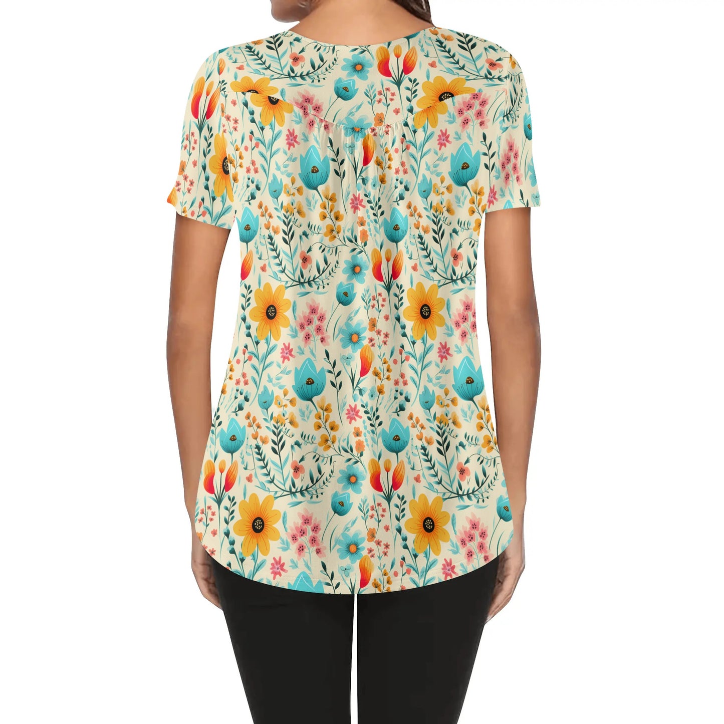 More Florals - Womens Scoop Neck Short Sleeve Loose Blouse