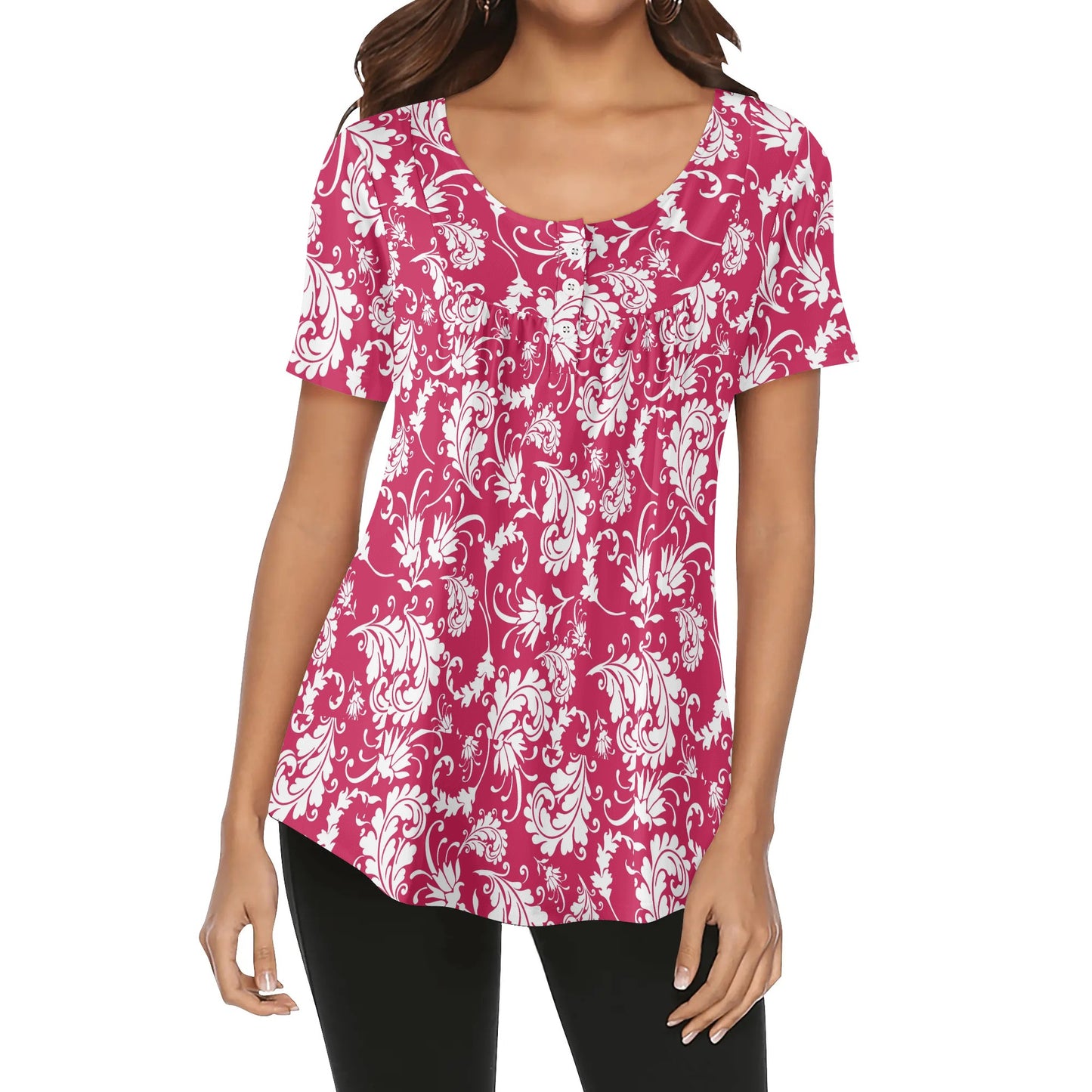 Paisley Women's Scoop Neck Short Sleeve Loose Blouse - Regular & Plus Sizes