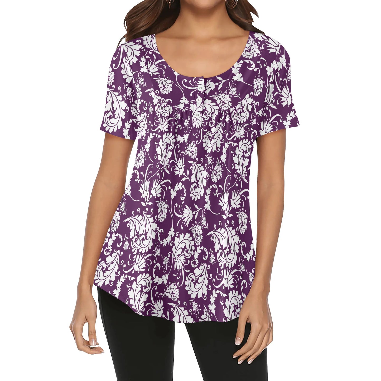 Paisley Women's Scoop Neck Short Sleeve Loose Blouse - Regular & Plus Sizes