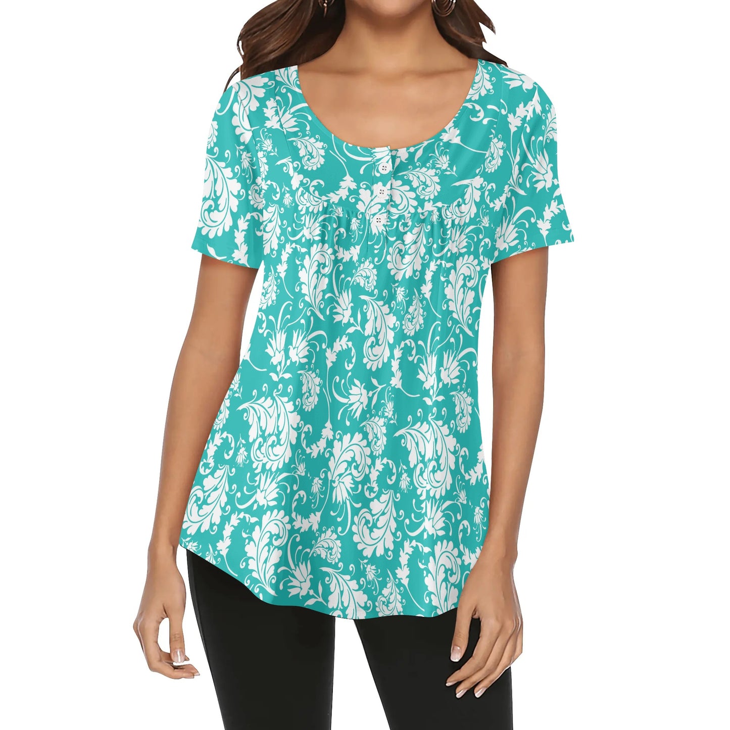 Paisley Women's Scoop Neck Short Sleeve Loose Blouse - Regular & Plus Sizes