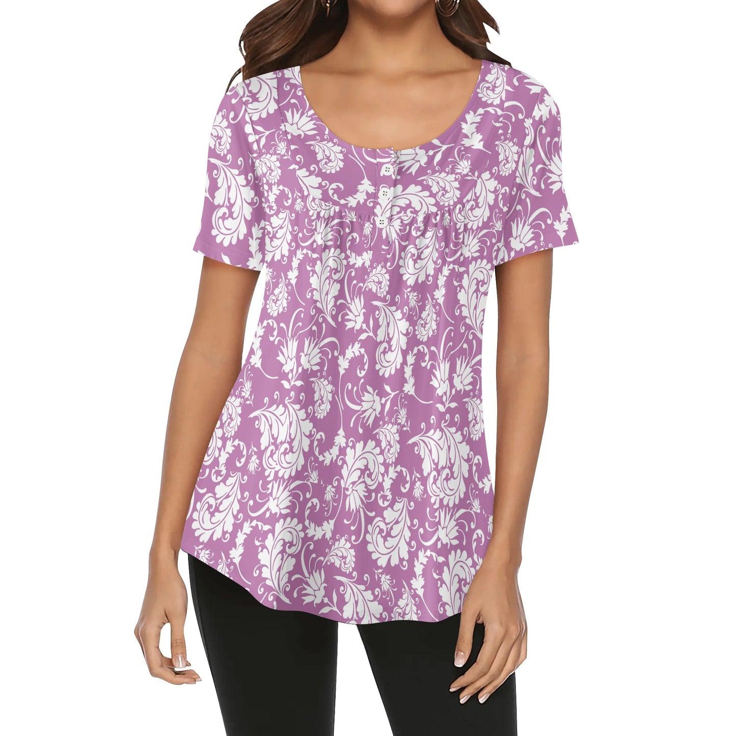 Paisley Women's Scoop Neck Short Sleeve Loose Blouse - Regular & Plus Sizes