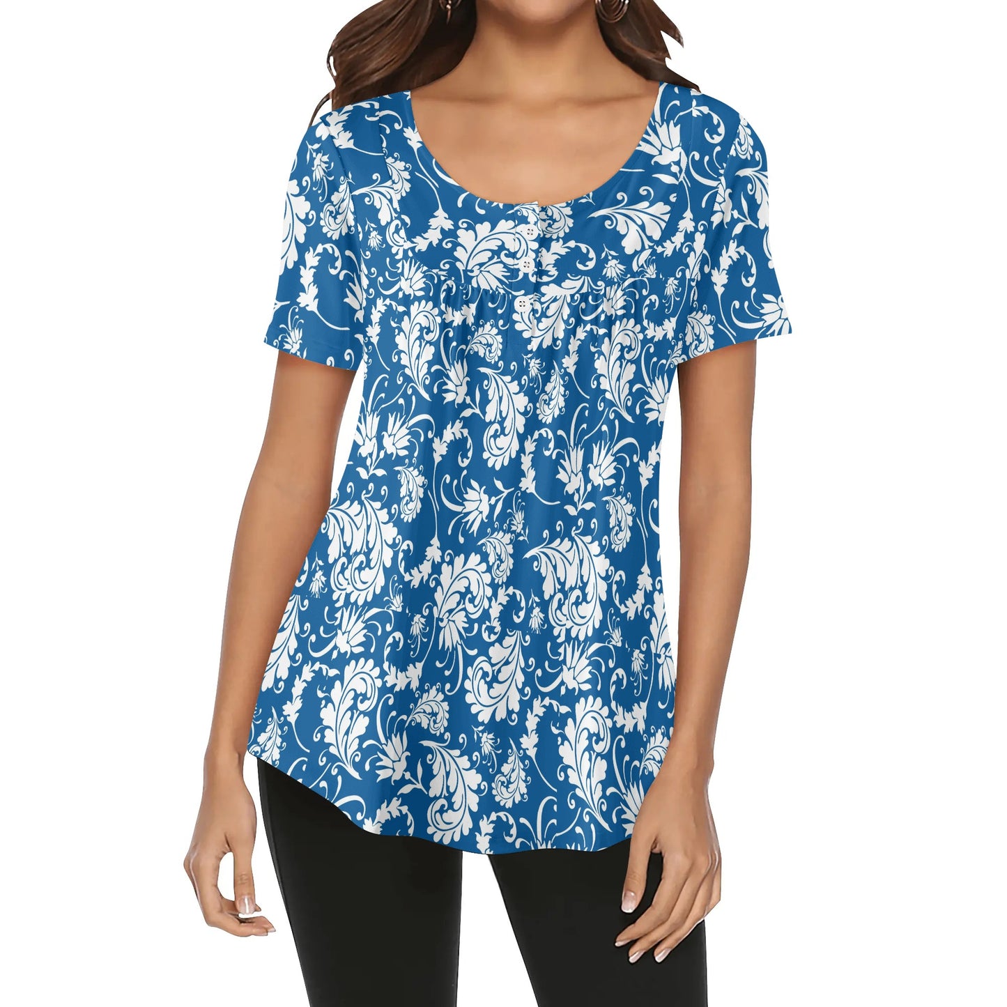 Paisley Women's Scoop Neck Short Sleeve Loose Blouse - Regular & Plus Sizes