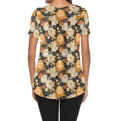 More Florals - Womens Scoop Neck Short Sleeve Loose Blouse