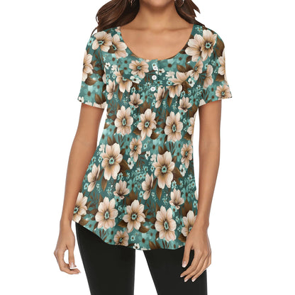 More Florals - Womens Scoop Neck Short Sleeve Loose Blouse