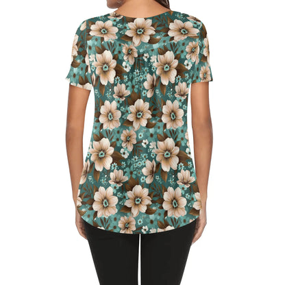 More Florals - Womens Scoop Neck Short Sleeve Loose Blouse