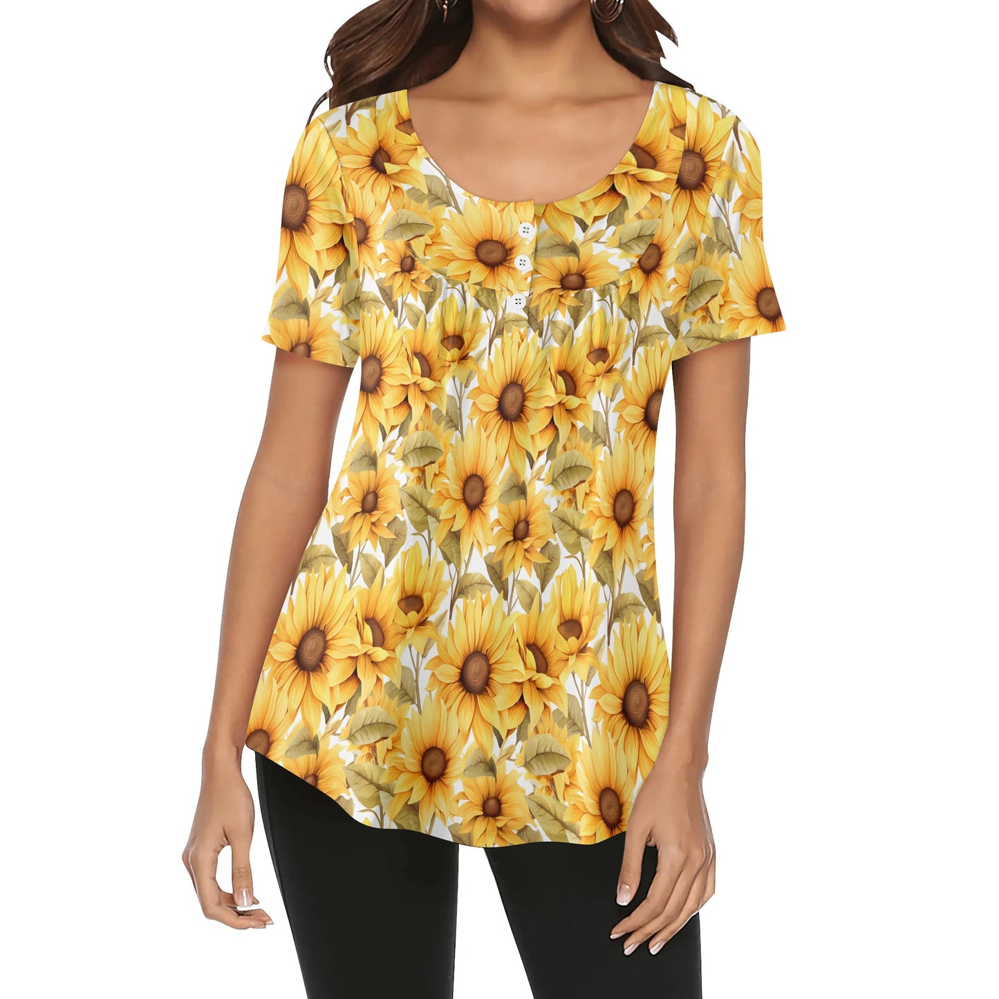 More Florals - Womens Scoop Neck Short Sleeve Loose Blouse