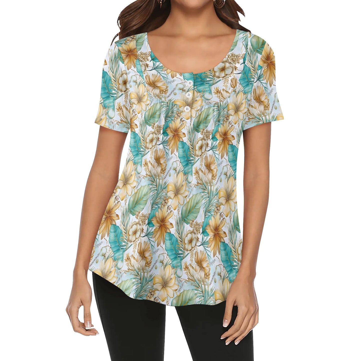 BOHO and Assorted Florals - Women's Scoop Neck Short Sleeve Loose Blouse - Regular and Plus Sizes Available