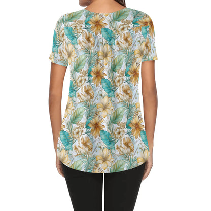 BOHO and Assorted Florals - Women's Scoop Neck Short Sleeve Loose Blouse - Regular and Plus Sizes Available