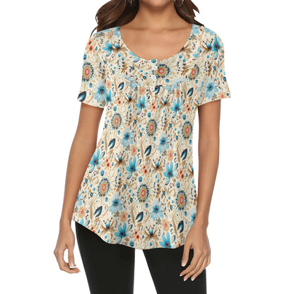 BOHO and Assorted Florals - Women's Scoop Neck Short Sleeve Loose Blouse - Regular and Plus Sizes Available