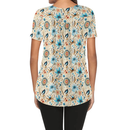 BOHO and Assorted Florals - Women's Scoop Neck Short Sleeve Loose Blouse - Regular and Plus Sizes Available