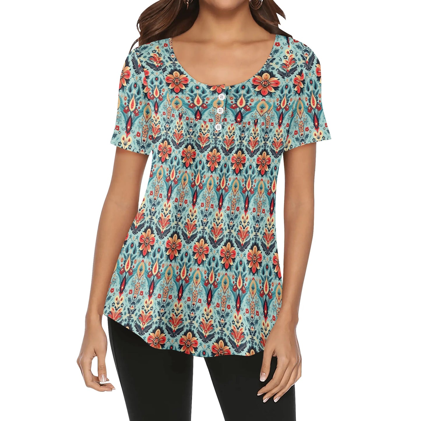 BOHO and Assorted Florals - Women's Scoop Neck Short Sleeve Loose Blouse - Regular and Plus Sizes Available