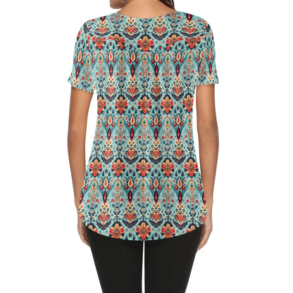 BOHO and Assorted Florals - Women's Scoop Neck Short Sleeve Loose Blouse - Regular and Plus Sizes Available