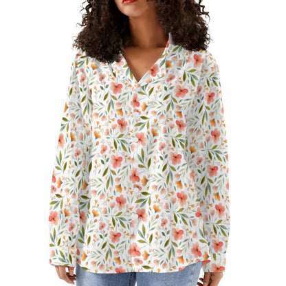 Peach Flowers - Women's Casual Long Sleeve Button-Up Shirt Sizes S-3XL