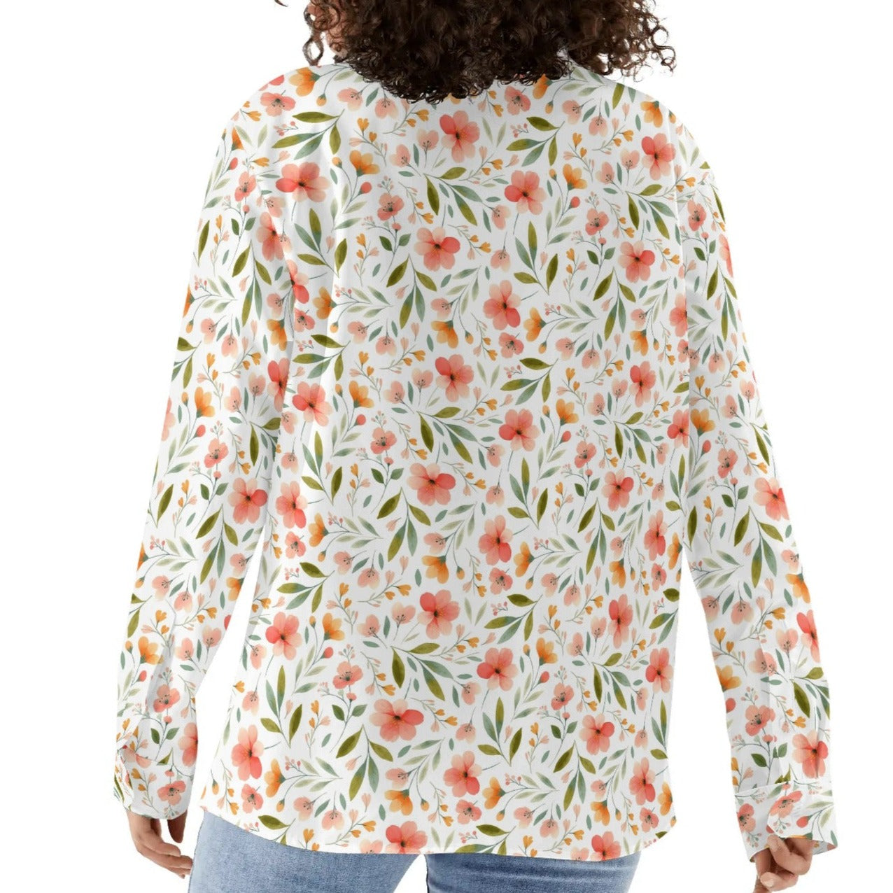 Peach Flowers - Women's Casual Long Sleeve Button-Up Shirt Sizes S-3XL