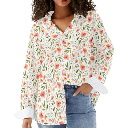 Peach Flowers - Women's Casual Long Sleeve Button-Up Shirt Sizes S-3XL