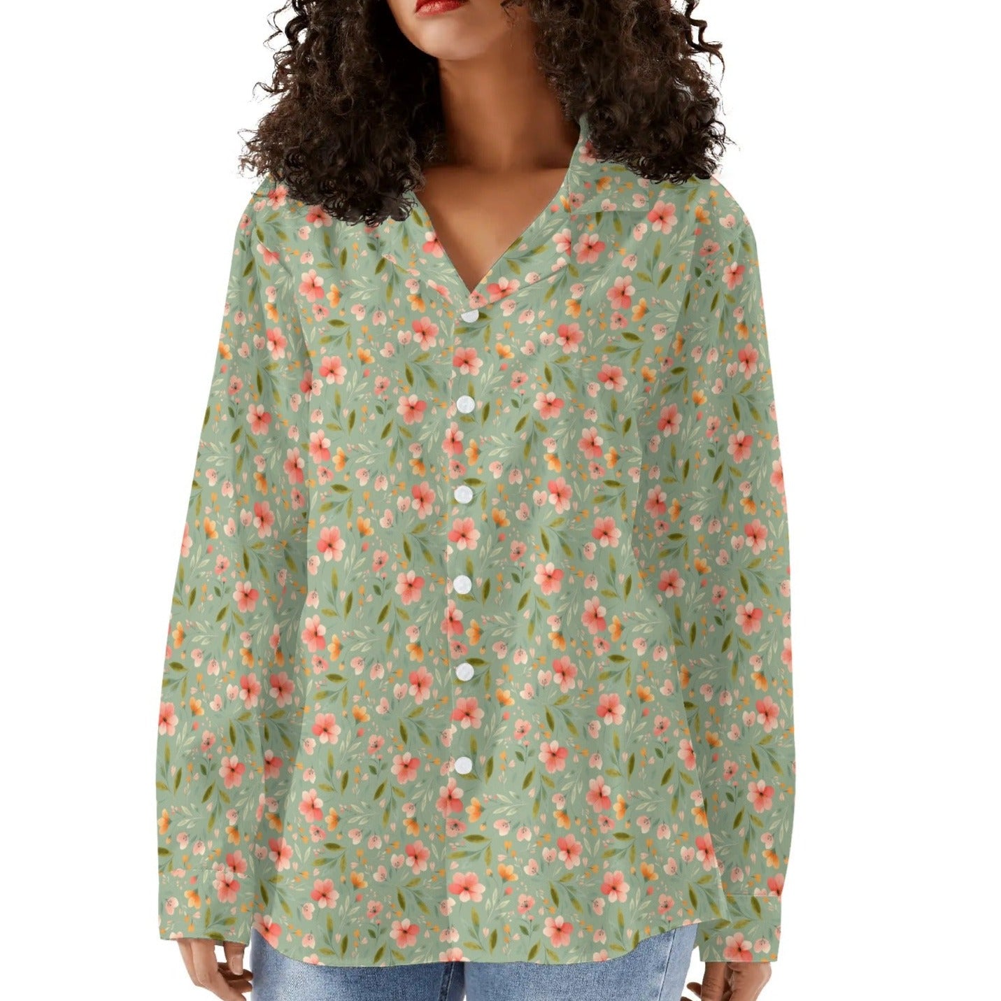 Peach Flowers - Women's Casual Long Sleeve Button-Up Shirt Sizes S-3XL