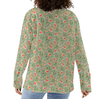 Peach Flowers - Women's Casual Long Sleeve Button-Up Shirt Sizes S-3XL