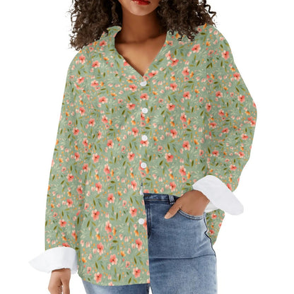 Peach Flowers - Women's Casual Long Sleeve Button-Up Shirt Sizes S-3XL