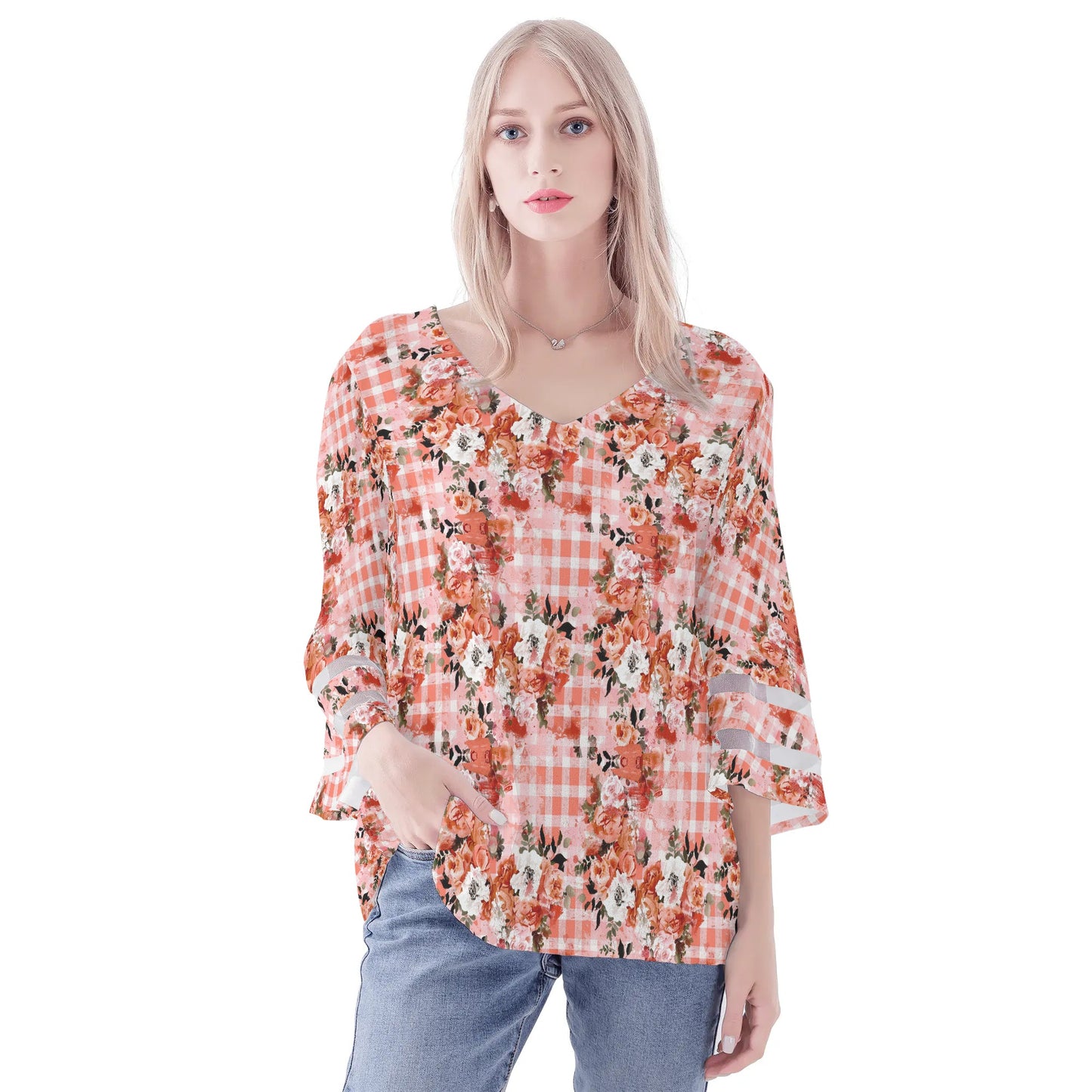 Womens Variety Prints Loose Chiffon Blouse with Bell Sleeves