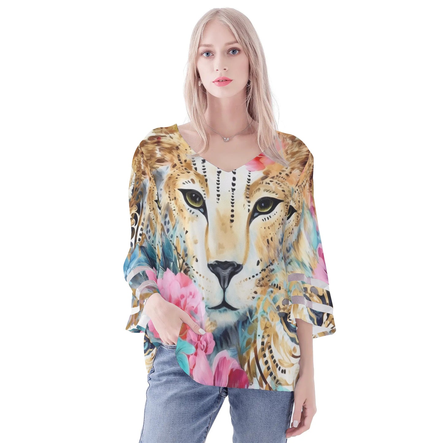 Womens Variety Prints Loose Chiffon Blouse with Bell Sleeves