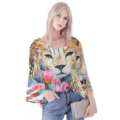 Womens Variety Prints Loose Chiffon Blouse with Bell Sleeves